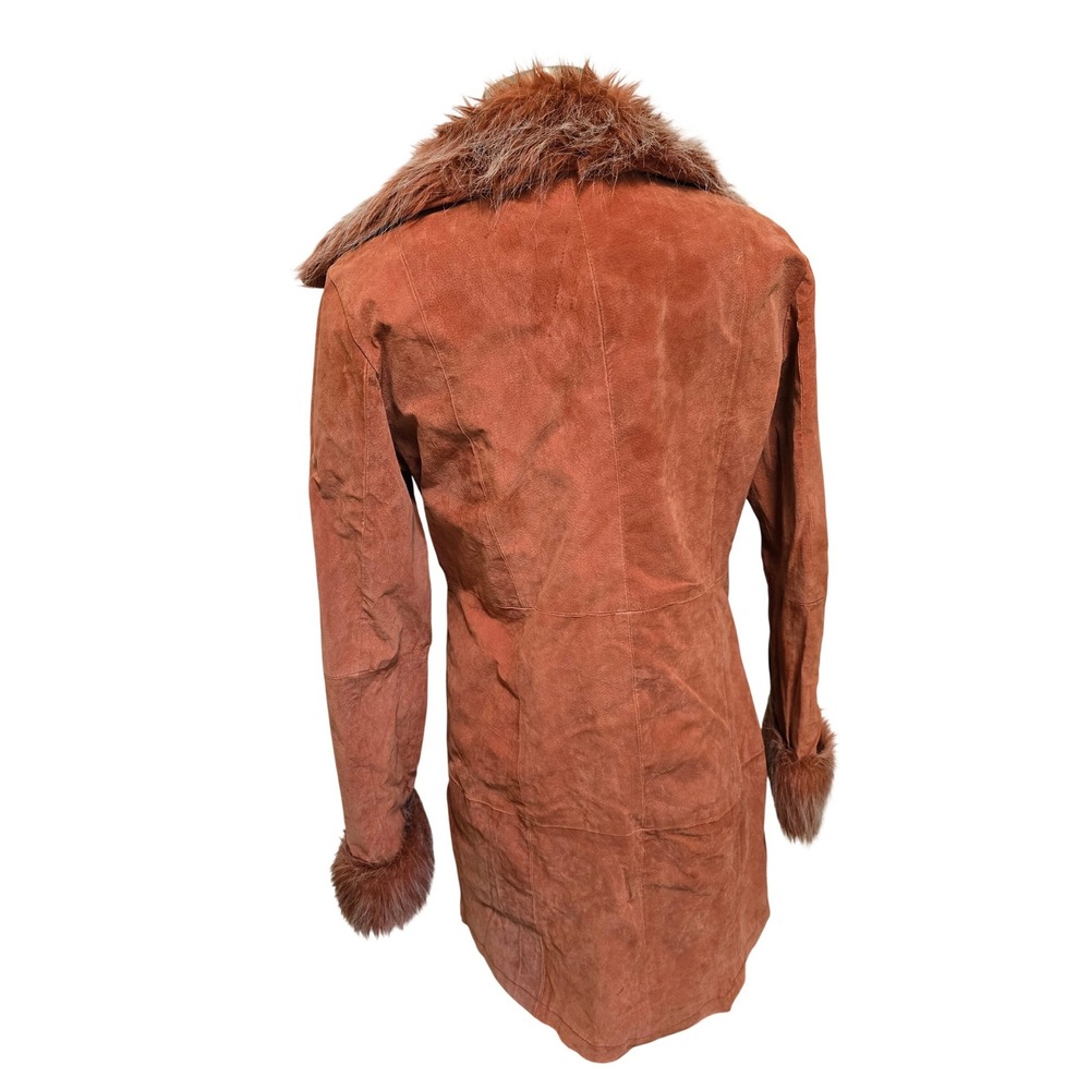 Y2K Vintage Suede Penny Lane Coat Faux Fur Trim Rust Orange Boho Jacket Medium - Picture 3 of 9